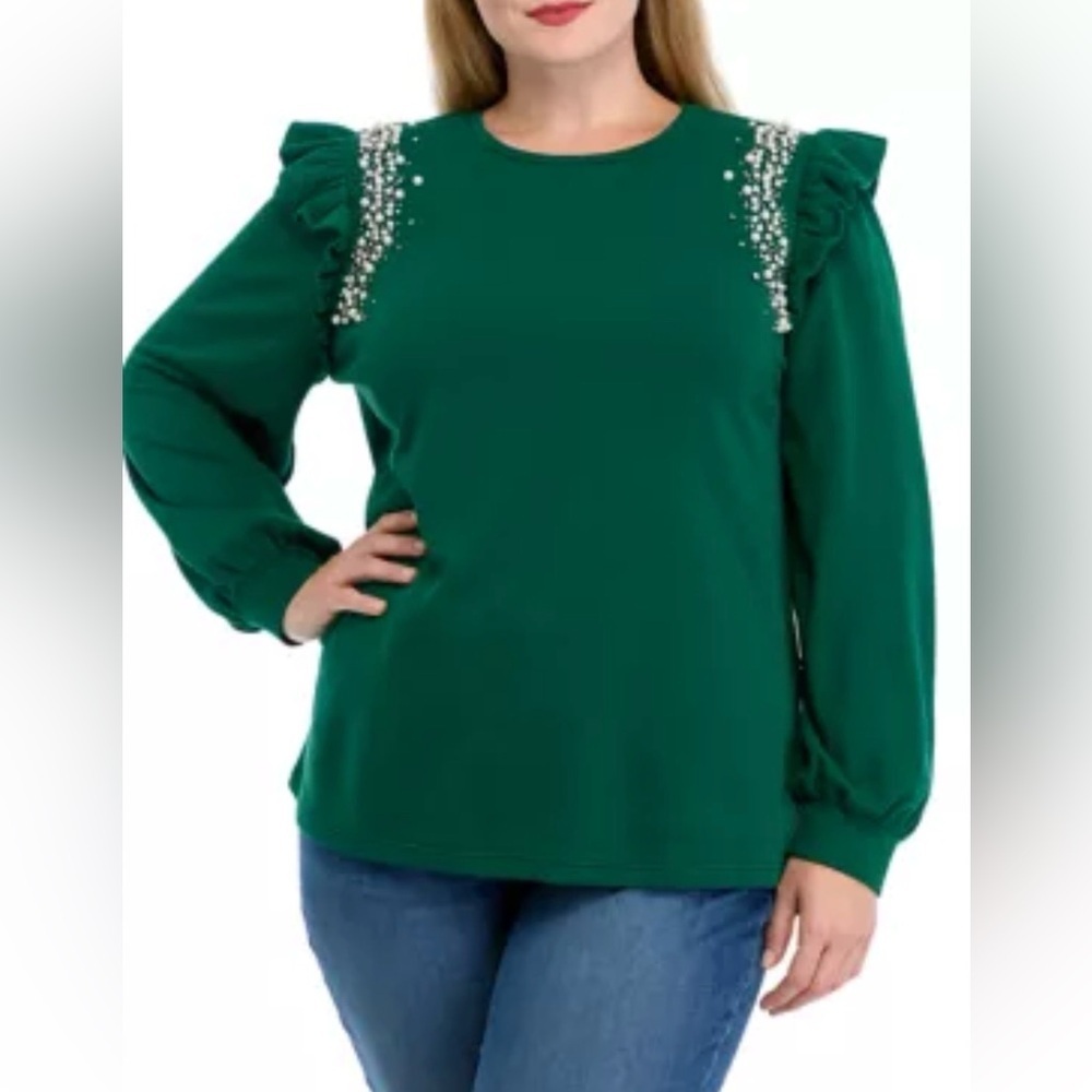 Crown & Ivy Green Sweatshirt with Embellishments Sz 2X ruffle sleeve